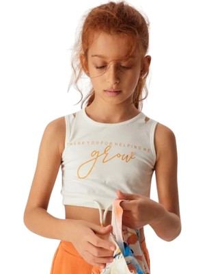 Nk Kids Kız Çocuk Grow Baskılı Ekru Turuncu Crop Atlet T-Shirt – Pamuklu Yumuşak Kumaş
