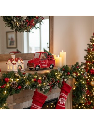 Müzikli ve Işıklı Kırmızı Yılbaşı Arabası Kar Küresi Simli Dekor 17X27 cm