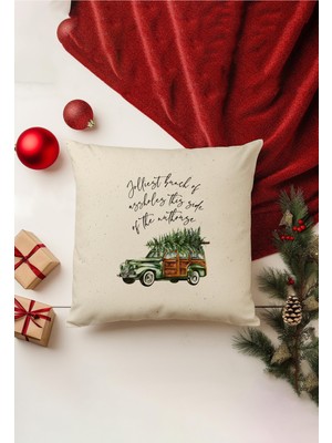 Yılbaşı Temalı Çift Taraflı Kırlent Kılıfı, Gizli Fermuar, Bej