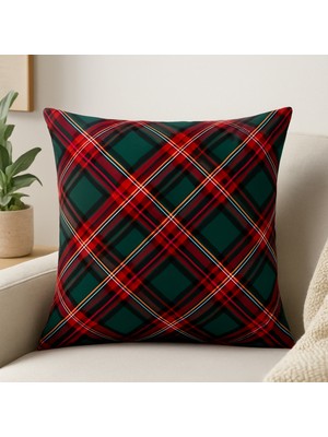 Kırmızı ve Yeşil Ekoseli Yılbaşı Kırlent Kılıfı 43X43 Cm, Dekoratif Noel Yastığı