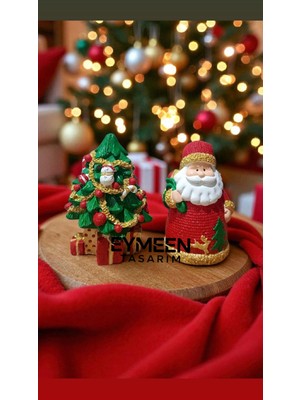 Yılbaşı Temalı Ikili Çam Ağacı ve Noel Baba Biblo Seti, Kırmızı Renkli Dekorasyon