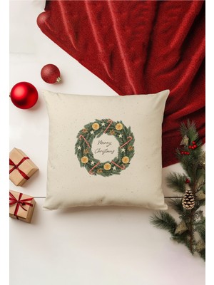 Yılbaşı Temalı Çift Taraflı Kırlent Kılıfı, Bej, Gizli Fermuar