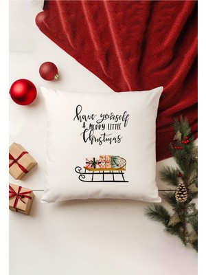 Yılbaşı Temalı Çift Taraflı Bej Kırlent Kılıfı, Gizli Fermuarlı Dekorasyon