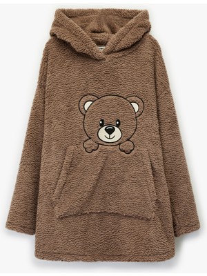 Koton Ayıcık Işlemeli Uzun Kollu Kapüşonlu Oversize Peluş Sabahlık
