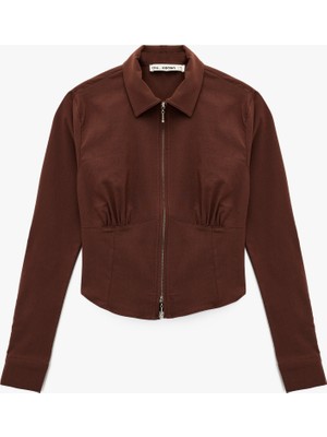 Koton Klasik Yaka Korse Görünümlü Slim Fit Uzun Kollu Crop Fermuarlı Gömlek