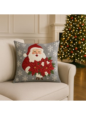 Gri Noel Baba Yılbaşı Temalı Dekoratif Kırlent Kılıfı, Şık ve Renkli Dekorasyon Parçası