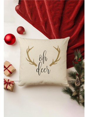 Yılbaşı Temalı Kırlent Kılıfı, Çift Taraflı Baskı, Gizli Fermuar, Bej Renk