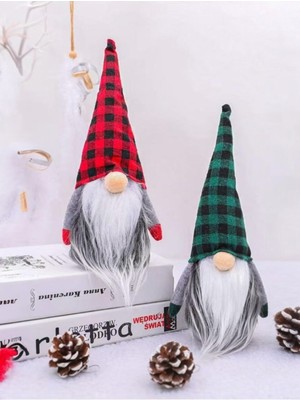 Pelüş Gnome Yılbaşı Süsü, Ekose Şapkalı, Noel Dekor, Parti Süs, Gri