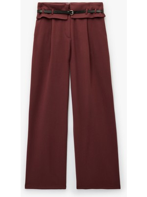Koton Viskon Karışımlı Kemer Detaylı Geniş Paça Kumaş Pantolon