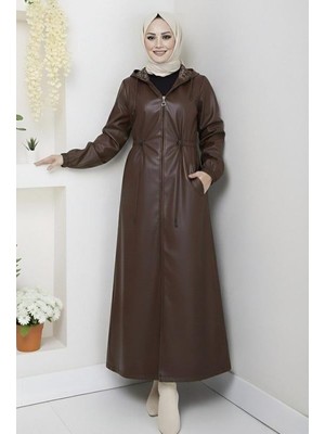 Kadın Kapüşonlu Fermuarlı Içi Şardonlu Kahverengi Deri Kap