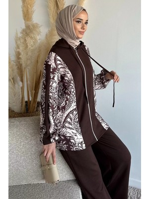 Julude Dijital Baskılı Kapüşonlu Tunik Bel Lastikli Pantolon Tesettür Ikili Takım P-00019239