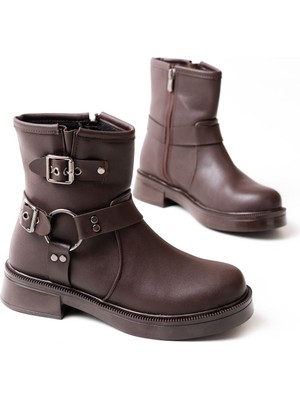 ZRİN-2013 Kahverengi Toka Aksesuarlı Fermuarlı Günlük Kadın Bot
