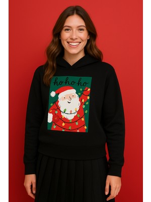 Yılbaşı Temalı Noel Baba Baskılı Kapüşonlu 3 Iplik Şardonlu Sweatshirt – Özel Koleksiyo