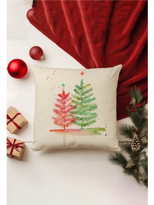 Yılbaşı Temalı Çift Taraflı Kırlent Kılıfı, Bej, Gizli Fermuar