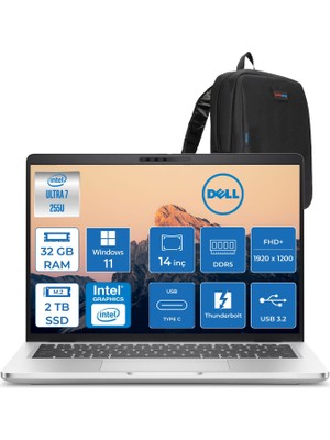 Dell Pro 14 Plus Intel Core Ultra 7 255U 5.1ghz 32GB Ddr5 2tb SSD Windows 11 Pro Intel® Aı Boost 14 Inç IPS Fullhd+ (1920X1200) Taşınabilir Bilgisayar PB14250BTO110P14 + Zetta Çanta