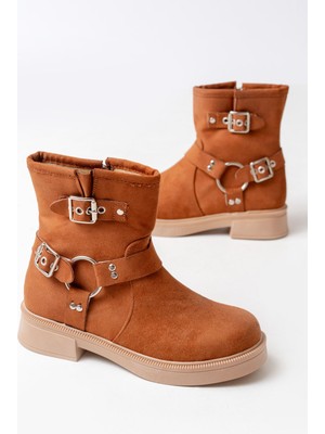 ZRİN-2013 Taba Süet Toka Aksesuarlı Fermuarlı Günlük Kadın Bot