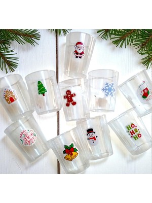 Yılbaşı Temalı Çok Renkli 40ML Mika Plastik Shot Bardağı Seti, Noel Baba ve Kardan Adamli