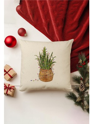 Yılbaşı Temalı Çift Taraflı Kırlent Kılıfı, Bej, Gizli Fermuar