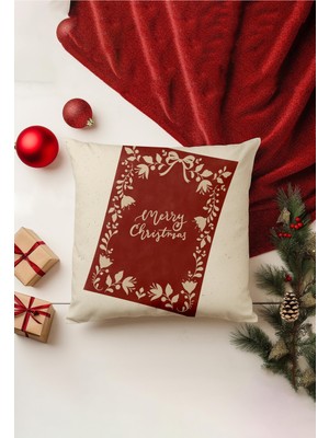 Yılbaşı Temalı Çift Taraflı Bej Kırlent Kılıfı, Gizli Fermuarli, Dekoratif ve Şık