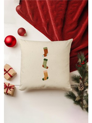 Yılbaşı Temalı Çift Taraflı Kırlent Kılıfı, Bej Renk, Gizli Fermuar