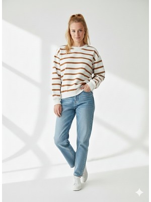 ribana Kadın Cool Oversize  Kalıp Bisiklet Yaka Kalın Basic  Üç Iplik Içi Şardonlu Çizgili Sweatshirt