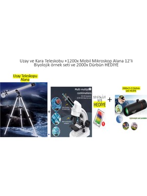 Elvinsa Profesyonel Uzay Gezegen TELESKOPU+1600X LED Işıklı 12 Örnekli Mikroskop SETI+2000X Dürbün Hediye