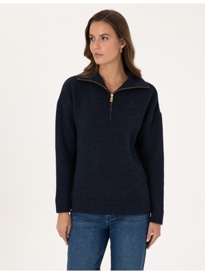 Pierre Cardin Kadın Lacivert Comfort Fit Fermuarlı Dik Yaka Kazak 50316329-VR033