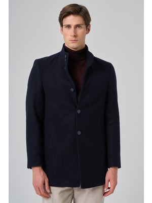 Morven  Erkek Lacivert Yünlü Düz Dynamic Fit Hakim Yaka Kaban