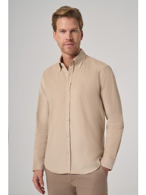 Morven  Erkek Bej Pamuk Trend Dynamic Fit Düğmeli Yaka Gömlek