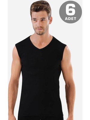 Arma Yıldız 6 Adet Siyah Kolsuz Erkek Atlet V Yaka Sıfır Kol Tişört %100 Pamuklu