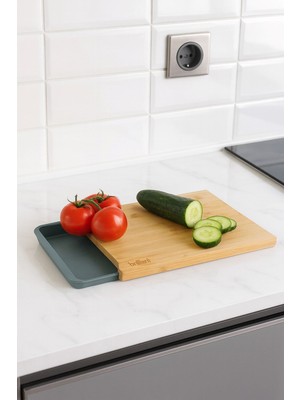 Brillant Bambu Kesme Tahtası – Kaydırmaz ve Gri  Çekmeceli Sebze & Meyve Doğrama Tahtası BR-6596