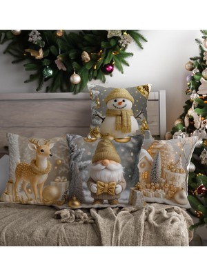 Renkli Noel Baba ve Geyik Temalı 4'lü Dijital Baskılı Yastık Kılıfı