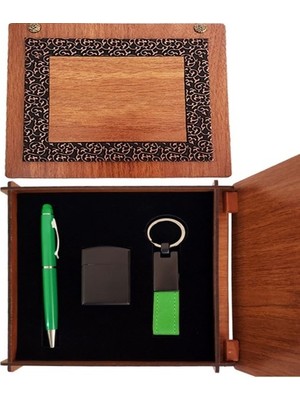 Osense Ahşap Kutulu Yeşil Kalem Anahtarlık ve Çakmak Seti