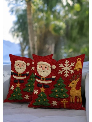 Yılbaşı Temalı Punch Nakışlı Noel Baba ve Çam Ağacı Kırlent Kılıfı 2'li