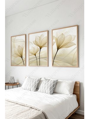 Wallspresso Modern Floral Çiçek Temalı 3'lü Tablo - Ahşap Çerçeveli Tablo -Duvar Tablosu-Salon Yatak Odası Tablo