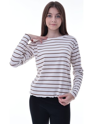 CQCQ Kız Çocuk Çizgili Uzun Kollu Bluz – Fırfırlı Yaka, Rahat Günlük Giyim, Esnek Kumaş