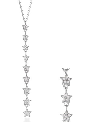 Emiliano Jewellery Zirkon Taşklı Pırlanta Montür Gümüş Rengi Kaplama Dokuz Yıldızlı Gümüş Kolye