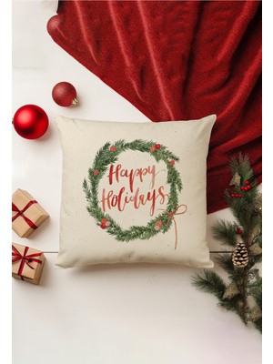 Yılbaşı Temalı Kırlent Kılıfı, Çift Taraflı Baskılı, Gizli Fermuar, Bej