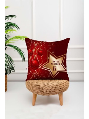 Yılbaşı Temalı Kırmızı Renkli Mutlu Seneler Yazılı Harf Dijital Baskılı Kırlent Kılıfı