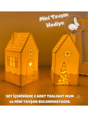 Çam Ağacı Desenli Noel ve Kış Evleri, 2'li Tealight Mumluk, Beyaz