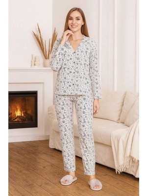 Remsa Kadın Çiçek Desen Suprem Önü Düğmeli Pijama Takımı 0469 Beyaz