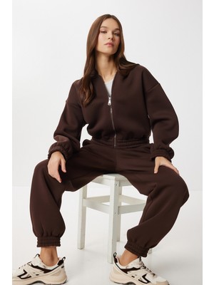 Happiness İstanbul Fermuarlı Şardonlu Örme Alt-Üst Takım LDM0017 Kahverengi