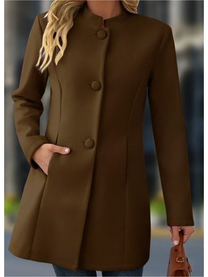 Kadın Uzun Kollu Hakim Yakalı Önden Düğmeli Cep Detaylı Kısa Taba Kaşe Kaban