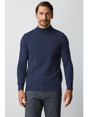 İGS Mavi Standart Fit Dar Kalıp Yarım Balıkçı  Düz  Triko