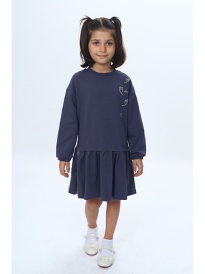 Toontoy Kız Çocuk Şeritli Kalp Nakışlı Elbise