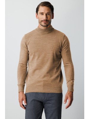 İGS Bej Standart Fit Dar Kalıp Yarım Balıkçı  Düz  Triko