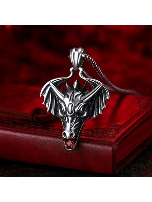 Paslanmaz Çelik Kırmızı Taşlı Gotik Fantasy Tasarım Ejderha Başı Kolye