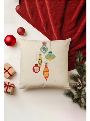 Yılbaşı Temalı Çift Taraflı Kırlent Kılıfı, Gizli Fermuar, Bej Renk