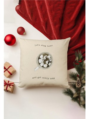 Yılbaşı Temalı Kırlent Kılıfı Çift Taraflı Baskılı Bej