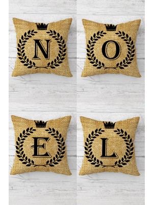 Çok Renkli Noel Harfleri Jüte Desen Gizli Fermuarlı Kırlent Kılıfı Takım (4'lü)